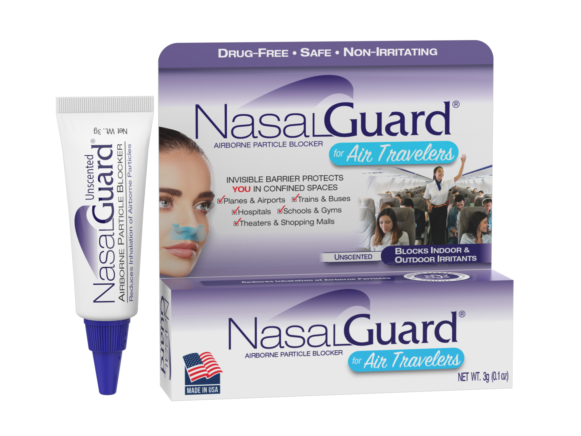 NasalGuard For Air Travelers, Airborne Particle Blocker | Unscented | 3g Tube